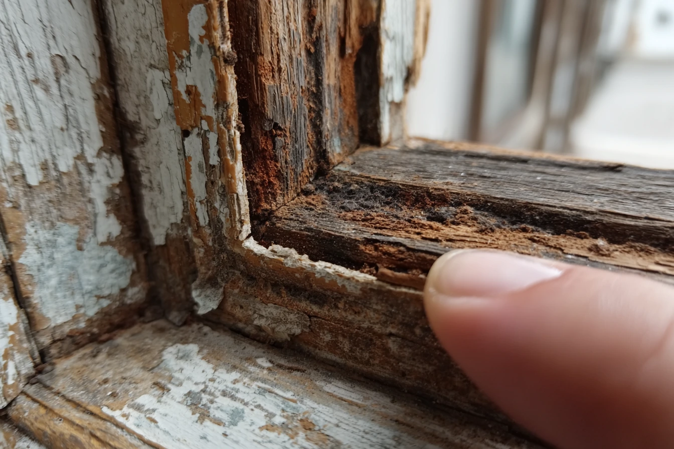 Damaged window frame showing rot and water damage